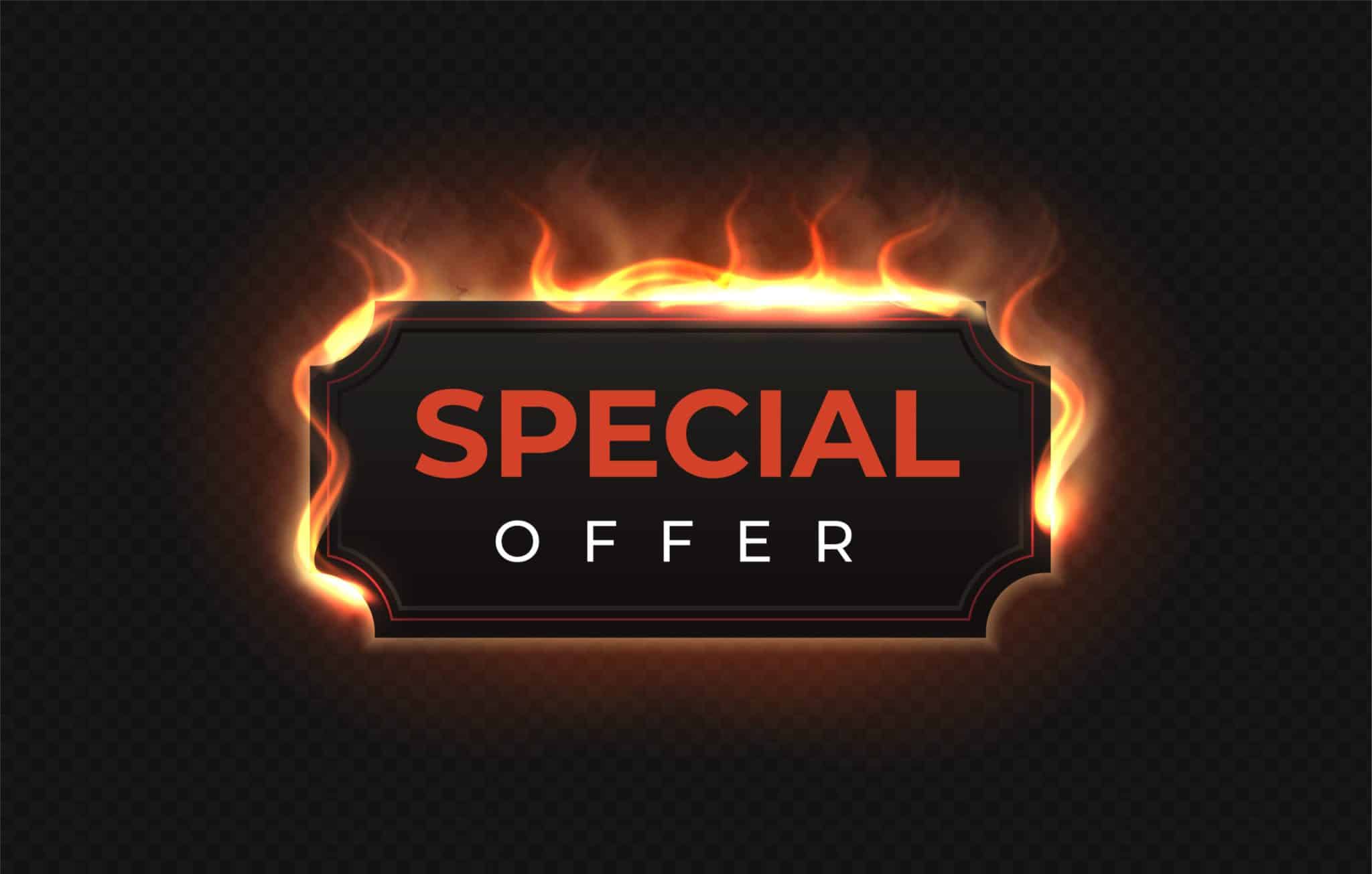 Special offer fire label. Realistic burned promotional banner. Square shape with text and blaze effect. Sale poster for store advertising. Decorative flame sign, vector discount mockup